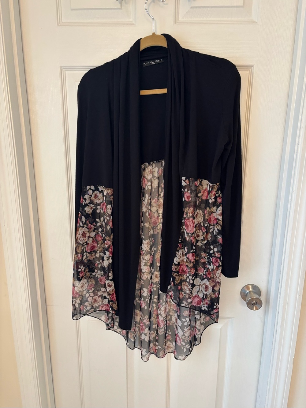 Kim & Cami Black Open-Front Cardigan with Pink Floral Sheer Panels